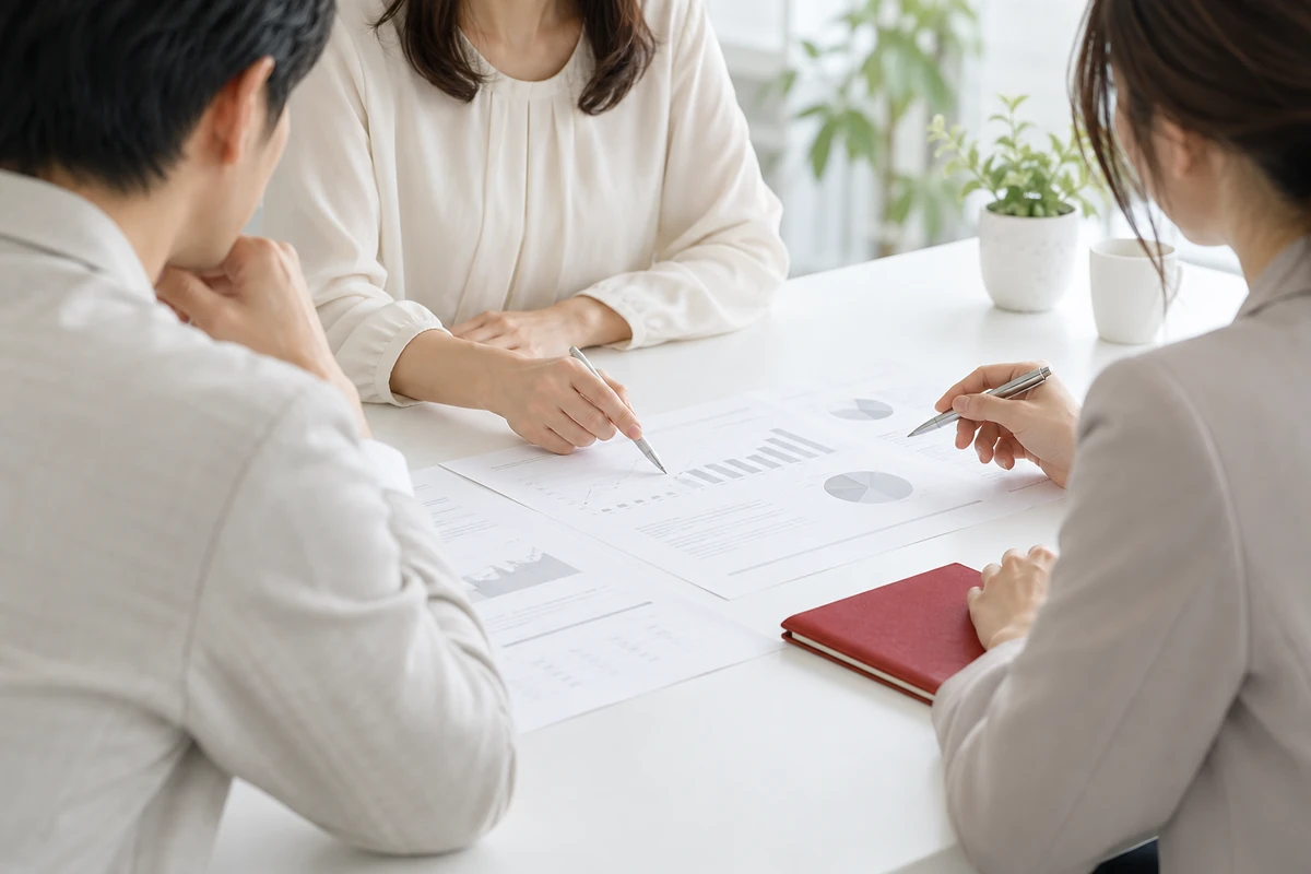 白いテーブルで資料を囲んで話す3人の手元