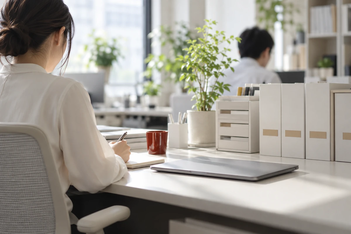 ノートPCの分析画面を2人で確認する手元