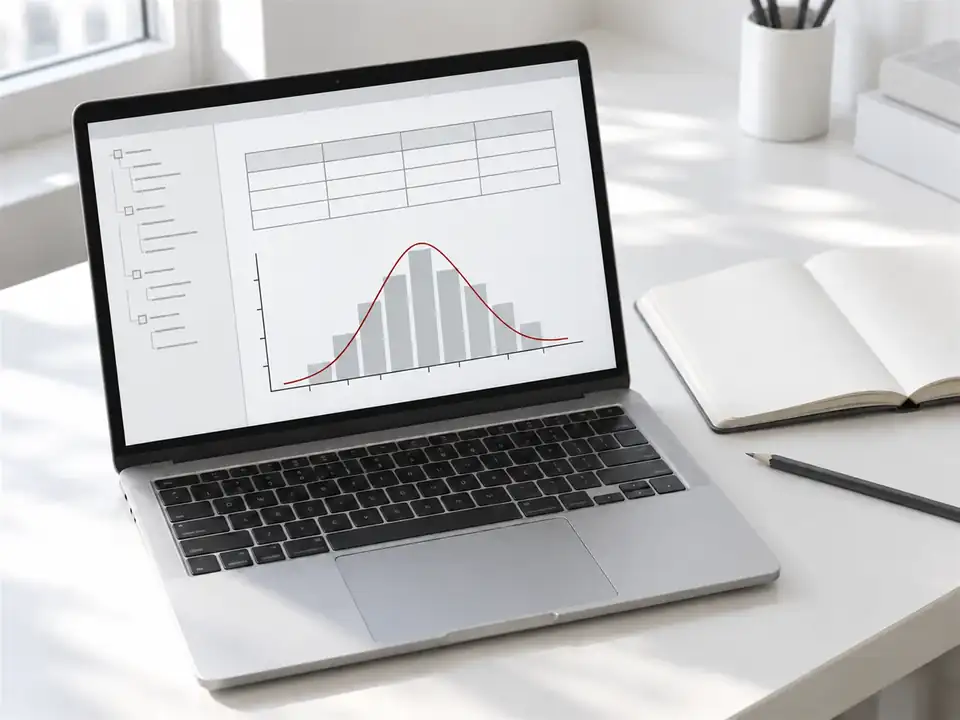 統計ソフトの出力画面(集計表とヒストグラム)を表示したノートPC