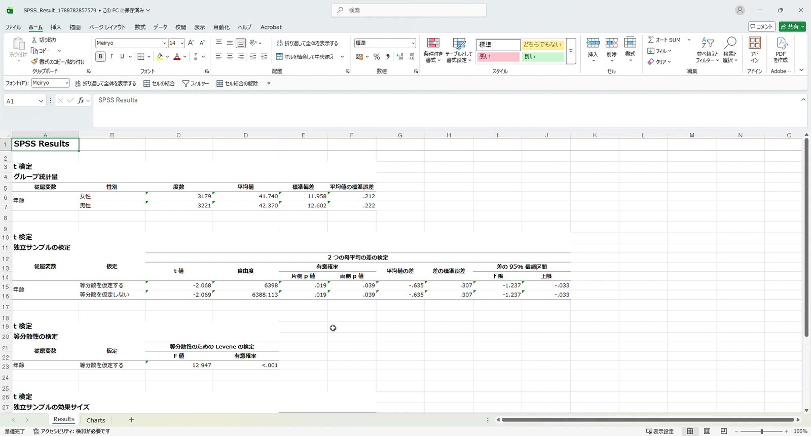 Excel に出力した結果ファイル