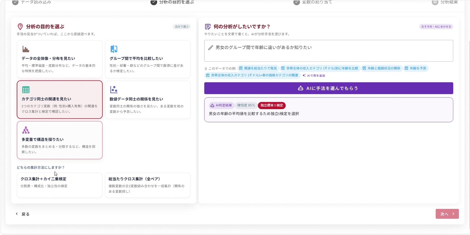 分析の目的を選ぶ画面。5つの目的カードと、目的を文章で入力する欄が並ぶ